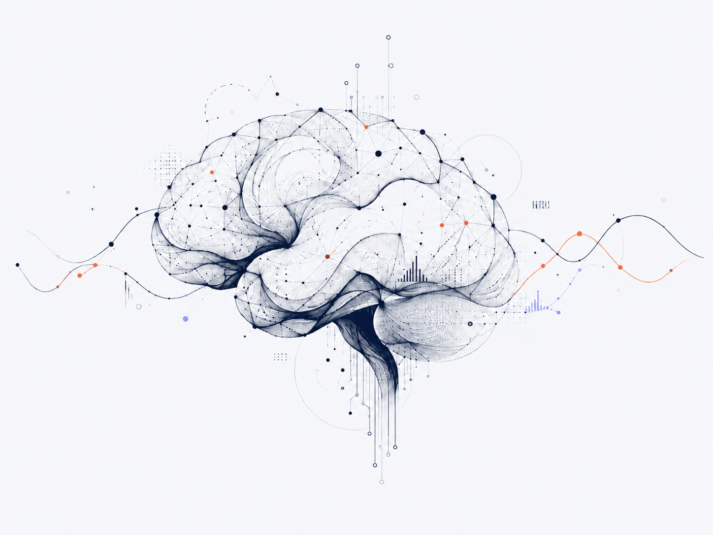 An abstract neural network shaped like a brain, showing connected data points, signals and charts flowing into a shared memory.